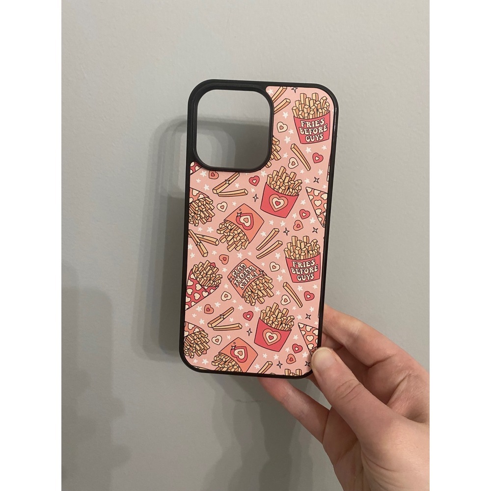 Phone Case iPhone 14 Pro Max Pink Fries Before Guys Graphic Hearts Black Bumper